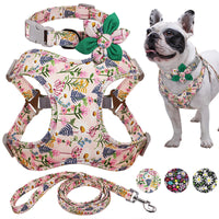 Flower Printed Dog Collar Harness Leash Set
