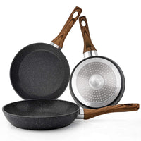 Frying Pan Set 3-Piece Nonstick Saucepan  Ergonomic Wood Effect Bakelite ,PFOA Free